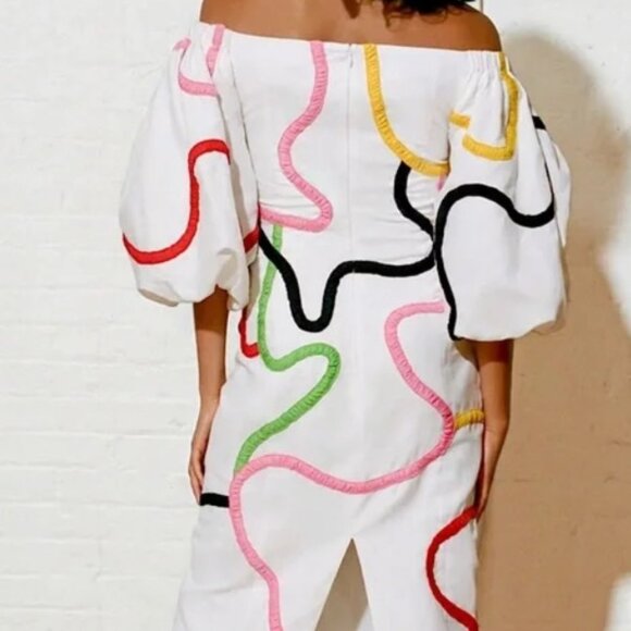 Mara Hoffman Namari Puff Sleeve Printed Linen Off the Shoulder Midi Dress Size 6 - Picture 5 of 12